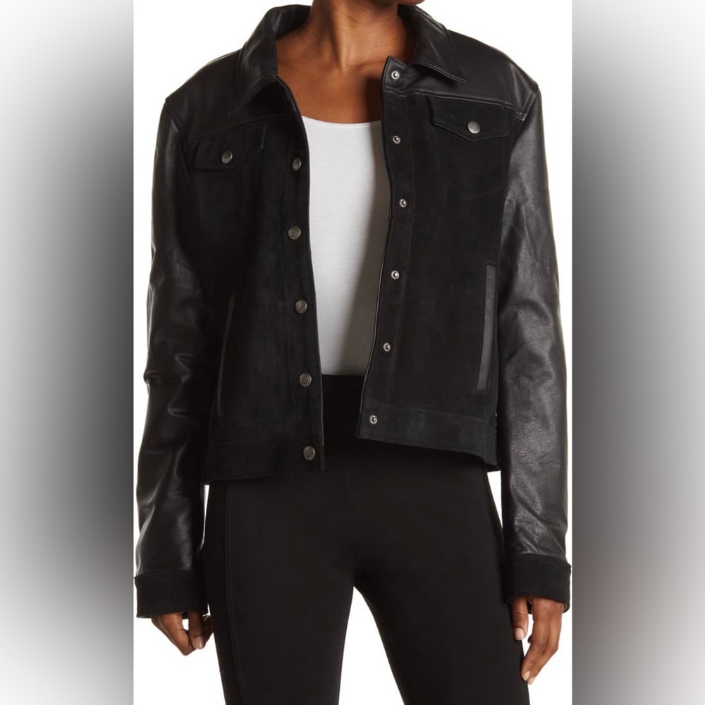 Frye Crop Leather Trucker Jacket - Black - Large